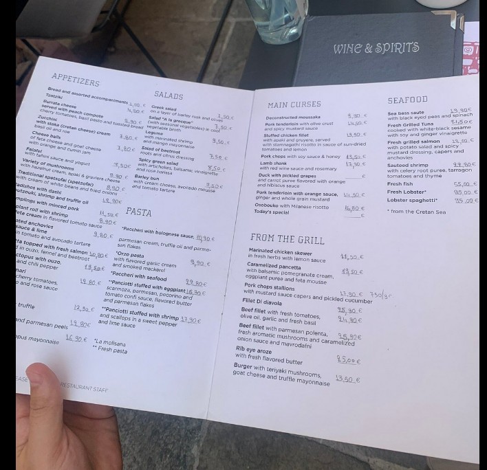 menu Castelo restaurant Rethymno