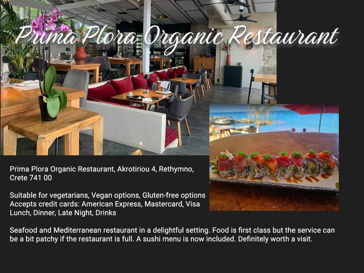 Prima Plora restaurant card Rethymno